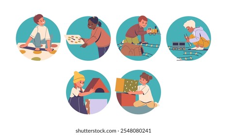 Isolated round composition set with happy preschool children playing room games and toys indoors