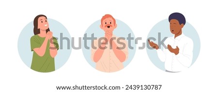 Isolated round composition set with happy people cartoon characters praying, excusing or asking god