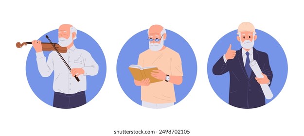 Isolated round composition set with old mature man cartoon character enjoying different activity