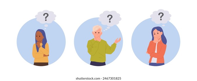Isolated round composition set with pensive, confused children asking wondering with question mark