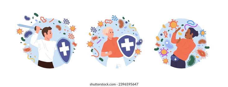 Isolated round composition set with people with strong and weak immunity fighting against influenza