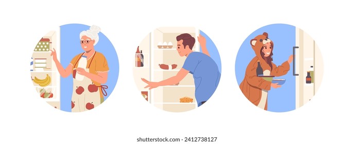 Isolated round composition set with people cartoon character looking at opened kitchen refrigerator