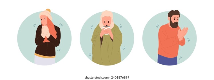 Isolated round composition set with upset unhappy people trembling and shivering from cold