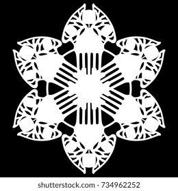 Isolated round decorative element. Silhouetted vector star, mandala, snowflake. Hexagon six petal stylized flower. Art Nouveau style. White on black background. 