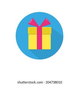 isolated round flat icon of yellow gift box decorated with pink bow on blue