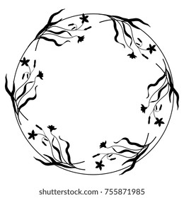 Isolated round floral frame. Art Nouveau style. Wreath of Spring Beauty plant. Claytonia virginica. Black silhouette on white background.