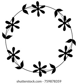 Isolated round floral frame. Silhouetted vector wreath of wild flowers. Folk style.