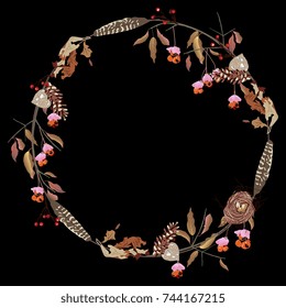 Isolated round floral wreath with autumn wild motifs. Pine cones, feathers, weathered leaves, berries and boughs of spindle tree.  svg