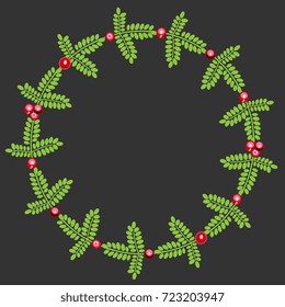 Isolated round floral wreath. Vector botanical border. Garland of green tree twigs and bright red berries. Folk style. On dark background.