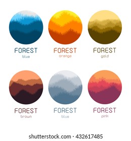 Isolated round forest vector logo set. Golden silhouette logotypes collection.