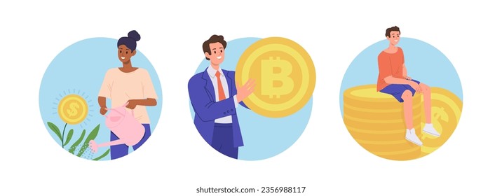 Isolated round frame composition with happy people making money investment, earning dividend