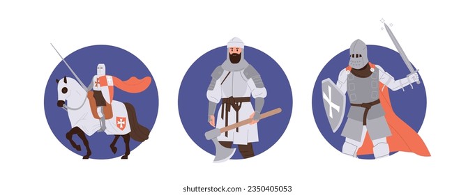 Isolated round frame composition with medieval knight in armor holding weapon ready to fight