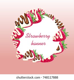 Isolated round frame with red strawberries and pink stain and splash. Cartoon style. Vector illustration for business presentation.