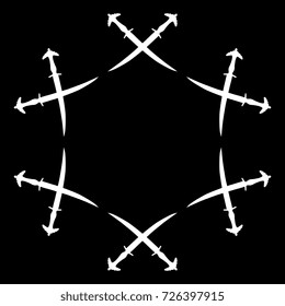 Isolated round frame with silhouettes of crossed oriental daggers. Martial art emblem, decorative border, placeholder, background, element for design.