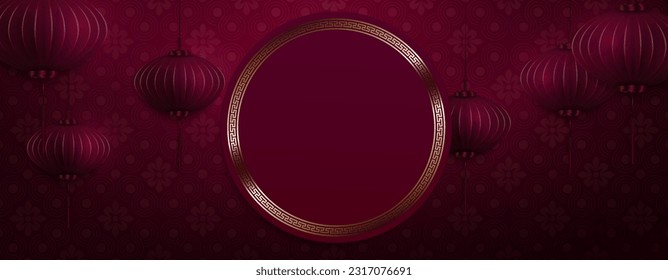 Marco redondo aislado.Fondo rojo oscuro con faroles de aire