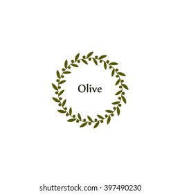 Isolated round green olive branch vector logo. Circlular shape. Olive oil sign. Symbol of peace. Greek mythology sign. Healthy products label. Organic cosmetics. Natural element.Agricultural item