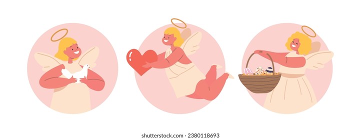 Isolated Round Icon Or Avatars With Cherubic Angels Cradling Dove, Heart And Basket With Easter Eggs With Heavenly Grace