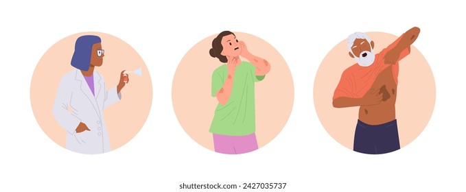Composición de iconos redondos aislados con el médico dermatólogo, personajes de dibujos animados del paciente estresado