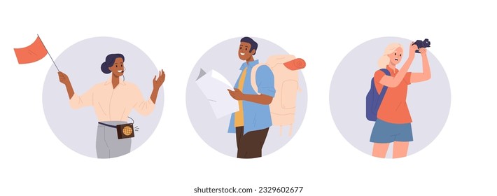 Isolated of round icon composition with happy people traveler and woman tour guide portrait