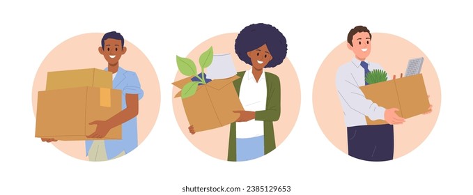 Isolated round icon composition with happy people cartoon character enjoying office or home moving