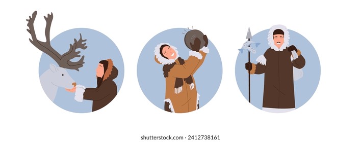 Alleinstehende runde Icon-Komposition mit glücklichen Eskimos-Zeichentrickfiguren und Cartoon-Figuren aus Eskimos