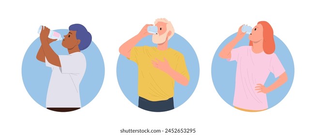 Isolated round icon composition with happy people cartoon characters drinking clean pure water