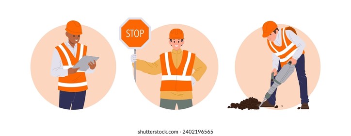 Isolated round icon composition with professional road workers cartoon characters performing repair