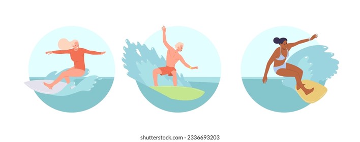 Isolated round icon composition set with happy sportive people surfer enjoying riding board in water