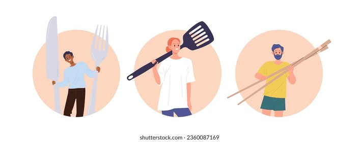 Isolated round icon composition set with happy people holding big kitchen utensils for cooking