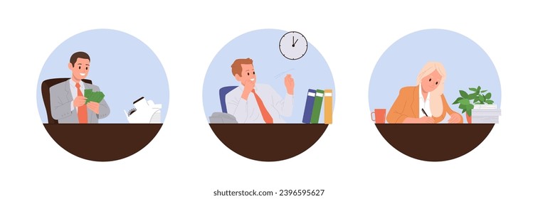 Isolated round icon composition set with happy employee office worker cartoon characters at desk