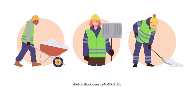 Isolated round icon composition set with city cleaner janitors cartoon characters removing snow