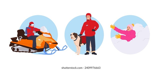 Isolated round icon composition set with brave winter rescuer man and skier victim characters