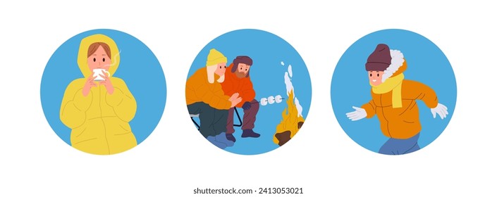 Isolated round icon composition set with happy people characters enjoying rest in winter camp