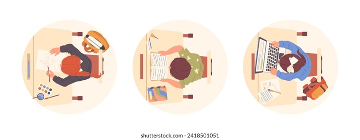 Isolated round icon composition set with smart clever children studying at school desk top view