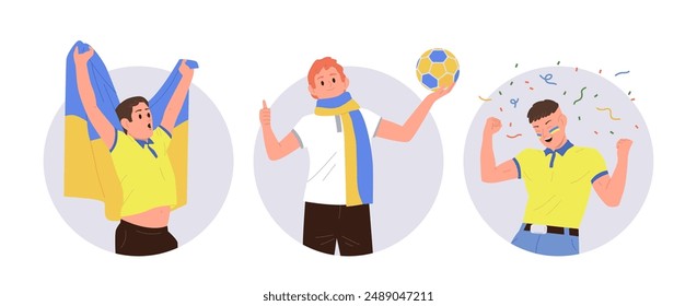 Isolated round icon composition set with happy Ukrainian football fans supporters cartoon characters