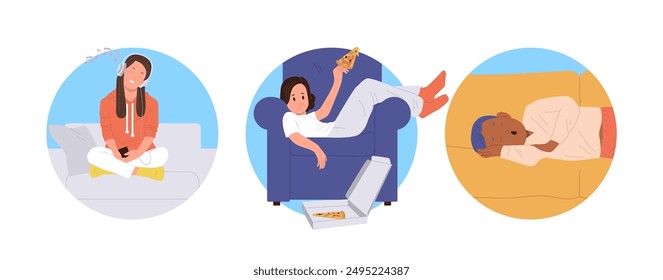 Isolated round icon composition set with relaxed children characters feeling lazy and carefree