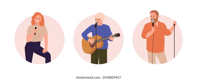 Isolated round icon composition with standup comedian cartoon characters telling jokes from stage