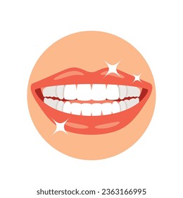 Isolated Round Icon Depicts A Mouth With Gleaming White Teeth, Symbolizing Good Oral Hygiene And A Healthy Smile