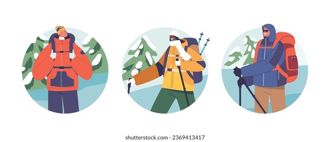 Isolated Round Icons or Avatars with Adventurous Winter Hikers or Mountain Climber Characters With Backpacks and Gear