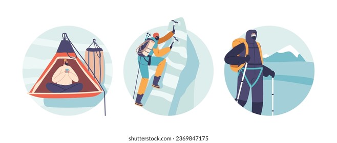 Iconos redondos aislados o avatares con personajes rockeros aventureros que se alzan sobre un pico rocoso por pared vertical