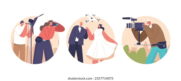 Iconos Redondos Aislados O Avatares De Pareja De Novia Y Madre En La Fotografía De Boda, Capturada Por Fotógrafo Calificado