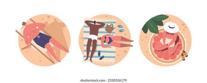 Isolated Round Icons or Avatars with Characters Relax on Lounge, Sunbathing, Or Napping on Beach. Men and Women Lying