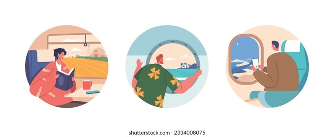 Isolated Round Icons or Avatars of Characters Traveling by Train, Airplane, and Ship Transport. People Look into Windows