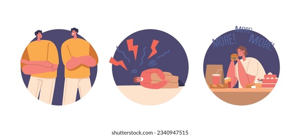 Isolated Round Icons or Avatars with Characters Suffer of Psychological Problems. People Experience Emotional Distress