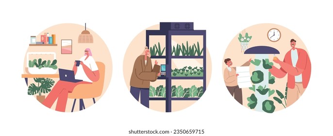 Isolated Round Icons or Avatars with Characters Enjoying Home Gardening, Cultivating Lush Greenery Indoors