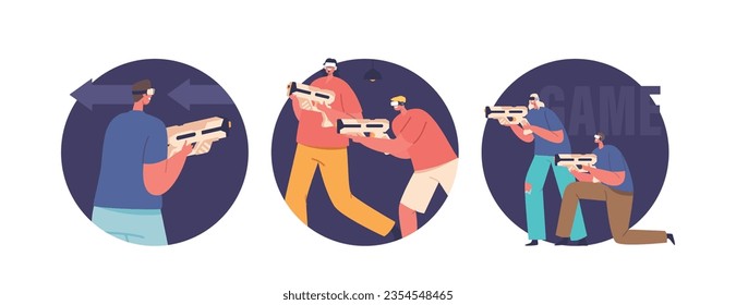 Isolated Round Icons Or Avatars With Characters Immerse In A Virtual Reality Shooter Team Game With Futuristic Guns