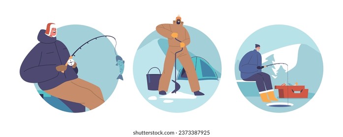 Isolated Round Icons or Avatars with Characters Enjoying Ice Fishing, Winter Angling Adventure Where Anglers Drill Holes