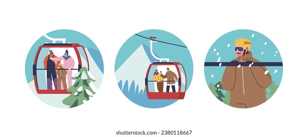 Isolated Round Icons or Avatars with Characters In A Cable Car Enjoy Winter Views, Captivated By The Scenic Beauty