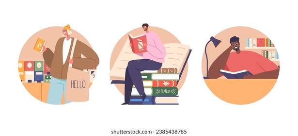 Iconos redondos aislados o avatares con caracteres incrustados en libros, sus mundos se expanden a través de páginas, Ilustración