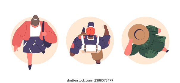 Isolated Round Icons or Avatars of Characters Move Top View, Each With Their Unique Path, Diverse Journeys